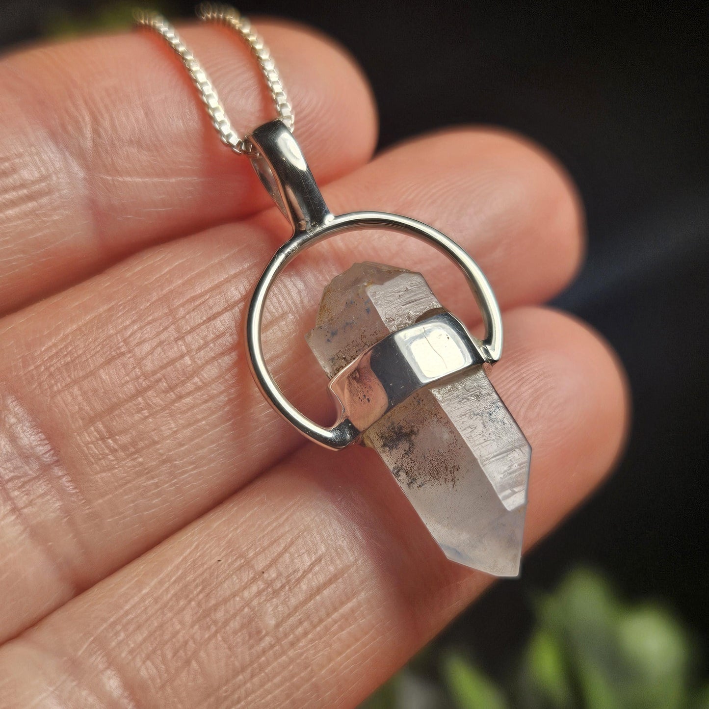 Papagoite Phantom in Quartz Crystal Pendant, Double Terminated Papagoite Sterling Silver Necklace