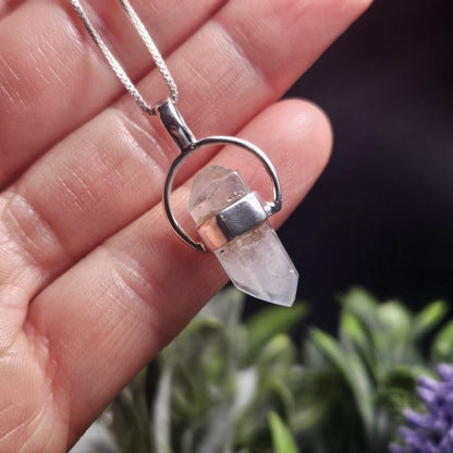 Papagoite Phantom in Quartz Crystal Pendant, Double Terminated Papagoite Sterling Silver Necklace