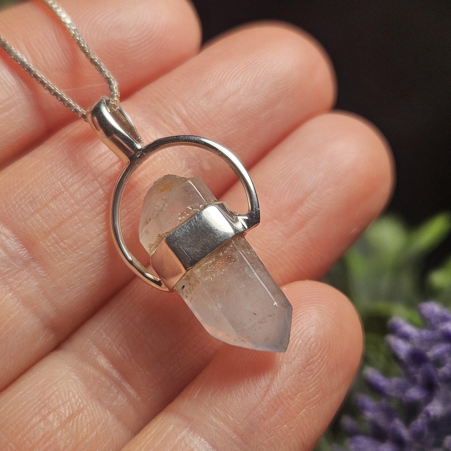 Papagoite Phantom in Quartz Crystal Pendant, Double Terminated Papagoite Sterling Silver Necklace