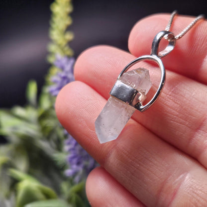 Papagoite Phantom in Quartz Crystal Pendant, Double Terminated Papagoite Sterling Silver Necklace