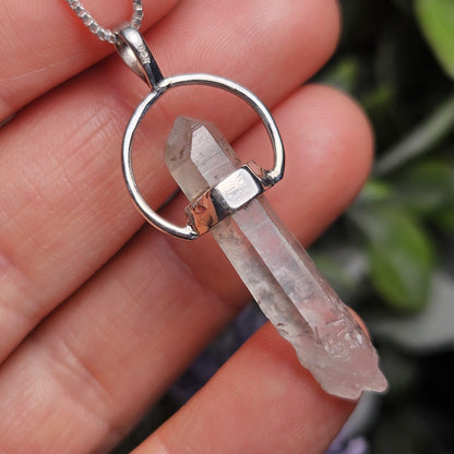 Ajoite Phantom in Quartz Crystal Pendant, Ajoite Sterling Silver Necklace