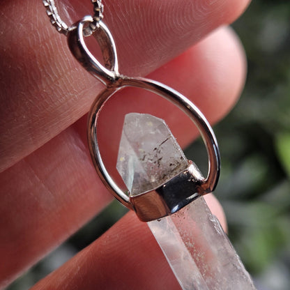Ajoite Phantom in Quartz Crystal Pendant, Ajoite Sterling Silver Necklace