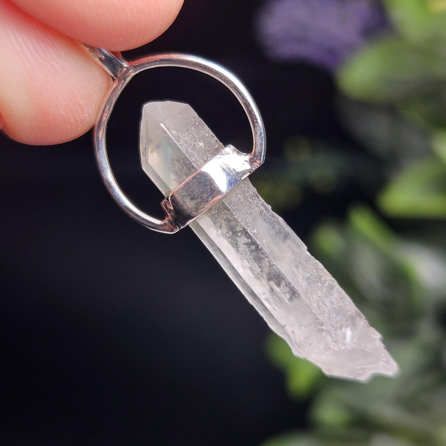 Ajoite Phantom in Quartz Crystal Pendant, Ajoite Sterling Silver Necklace