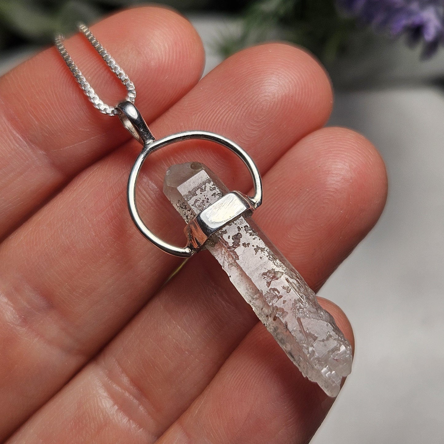 Ajoite Phantom in Quartz Crystal Pendant, Ajoite Sterling Silver Necklace