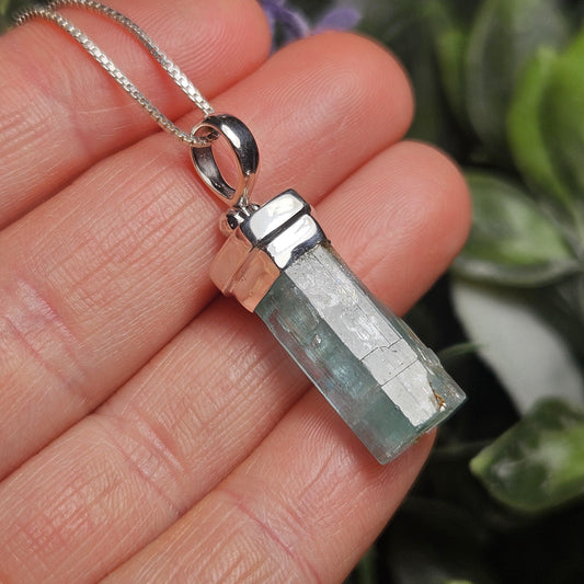 Terminated Aquamarine Crystal Pendant, Nigerian Aquamarine Sterling Silver Necklace