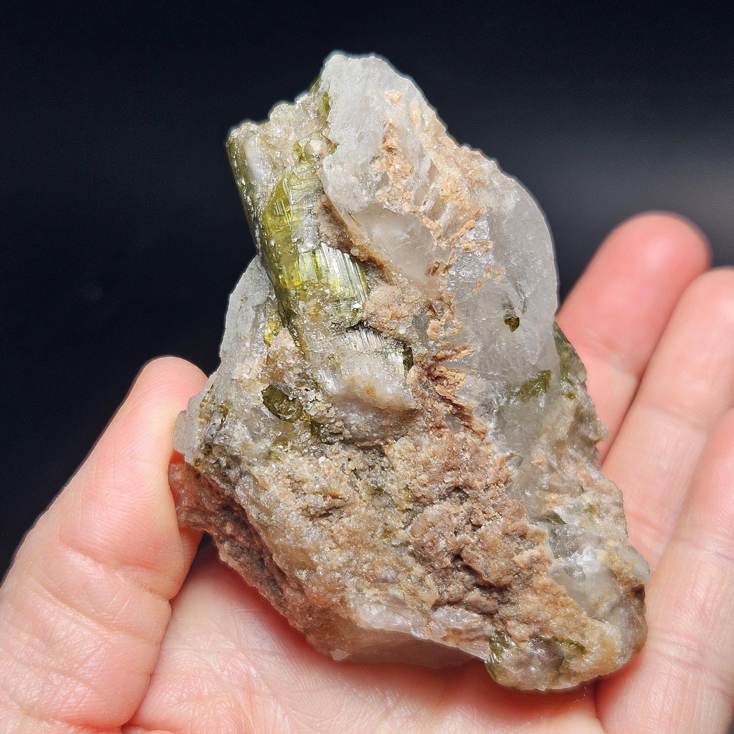 Green Tourmaline in Quartz Crystal 159g, Brazilian Quartz with Tourmaline