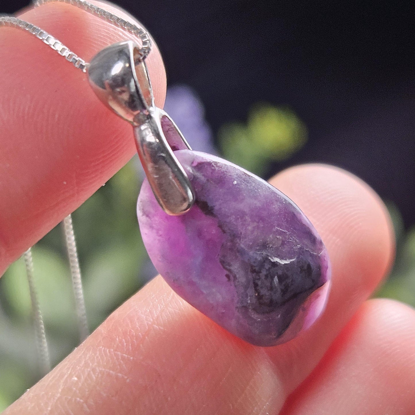 Gel Sugilite Pendant with Blue Richterite Inclusions, Polished Sugilite Necklace