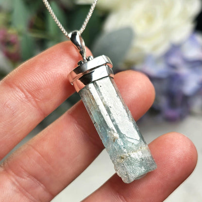 Aquamarine Pendant, Raw Blue Aquamarine Sterling Silver Pendant