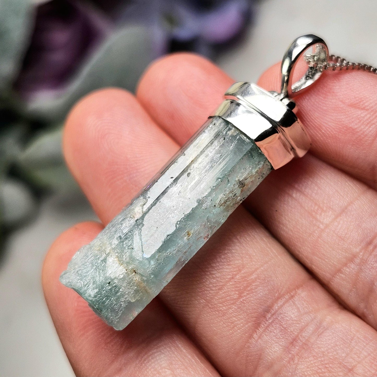 Aquamarine Pendant, Raw Blue Aquamarine Sterling Silver Pendant