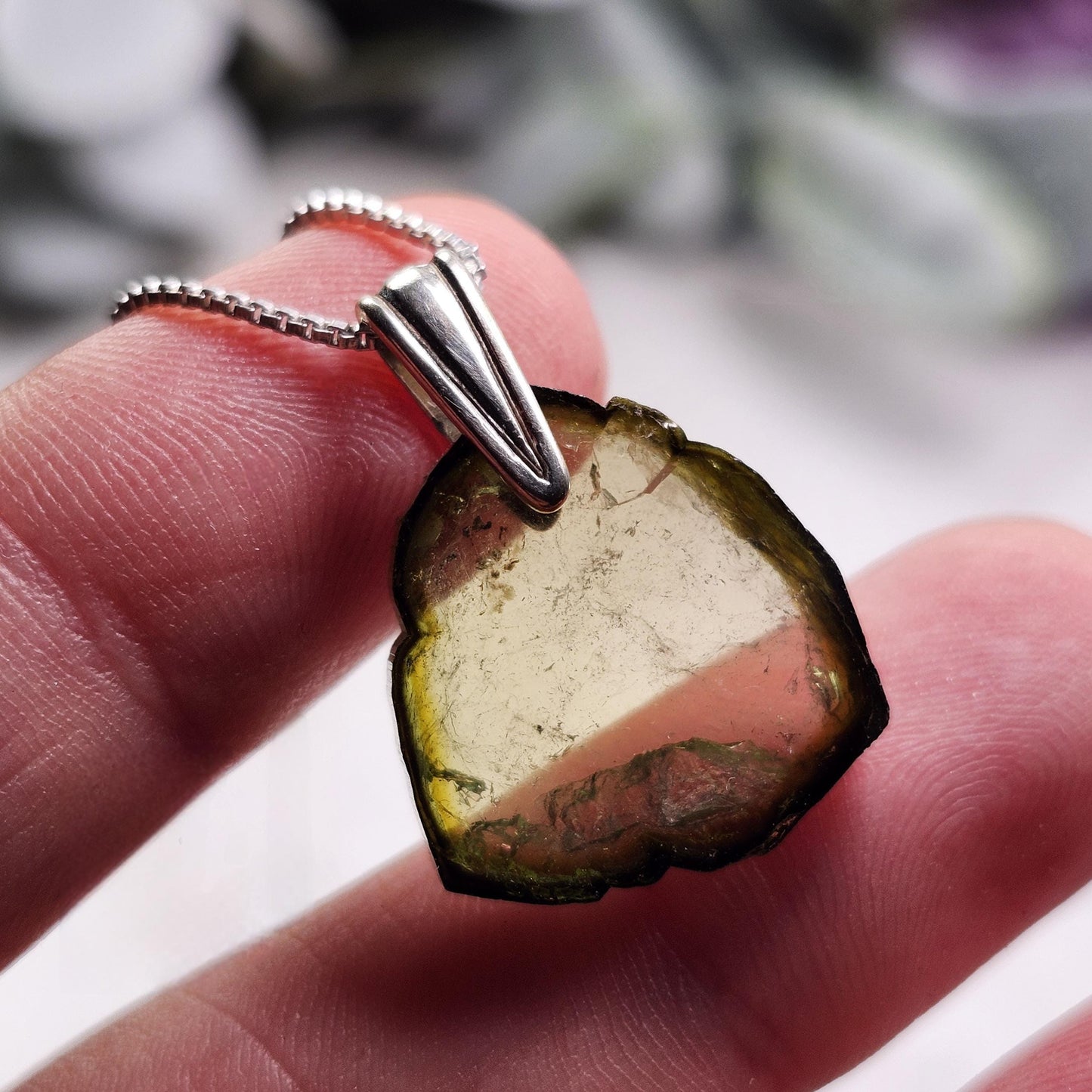Green Tourmaline Slice Pendant, Sterling Silver Tourmaline Necklace