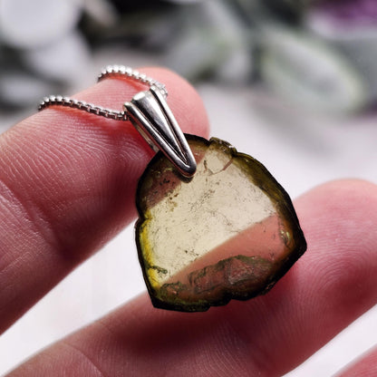 Green Tourmaline Slice Pendant, Sterling Silver Tourmaline Necklace