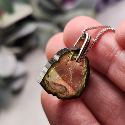 Green Tourmaline Slice Pendant, Sterling Silver Tourmaline Necklace
