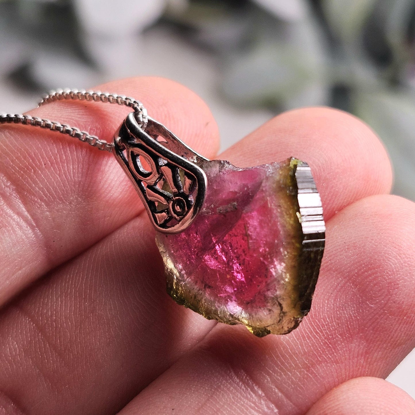 Watermelon Tourmaline Slice Pendant, Sterling Silver Tourmaline Necklace