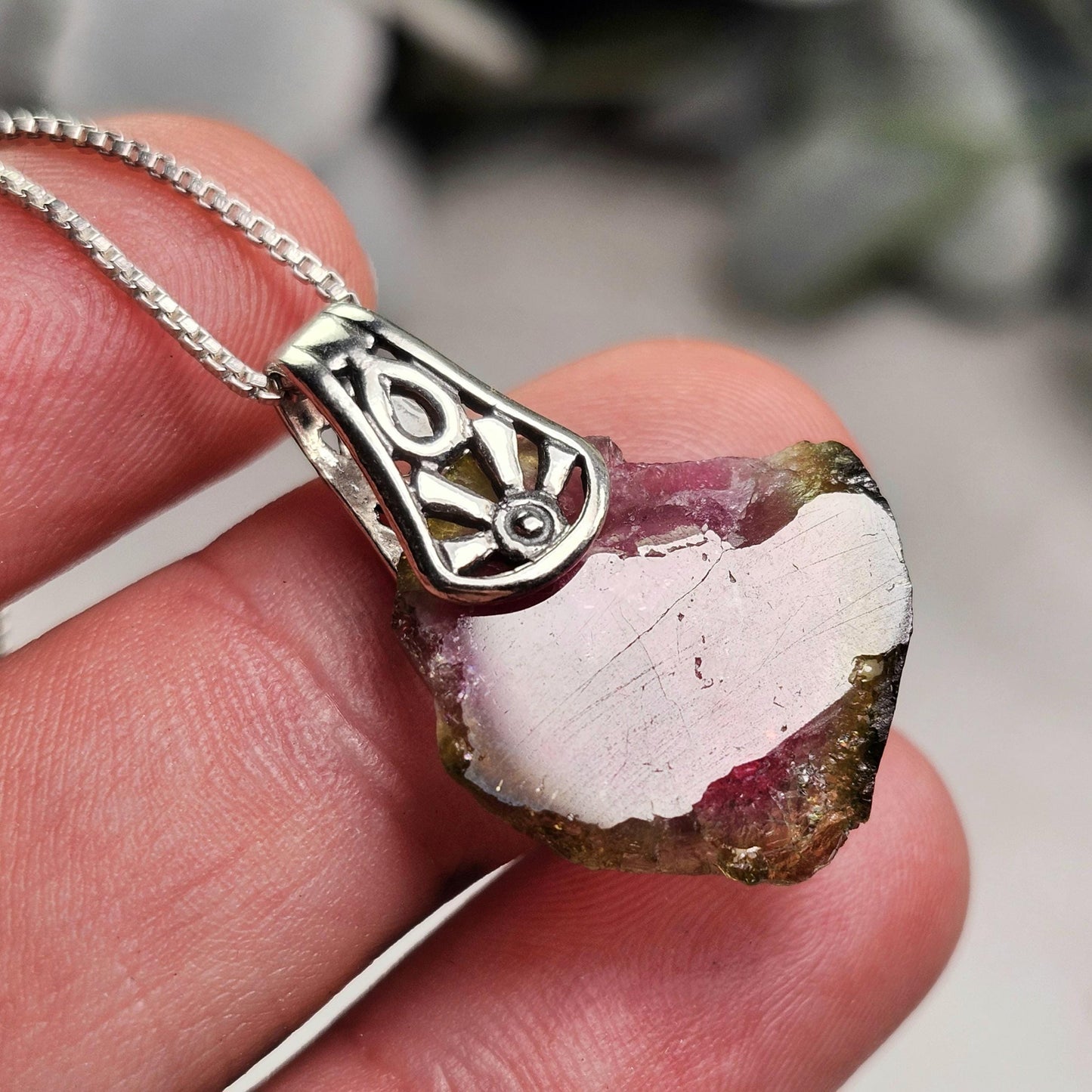 Watermelon Tourmaline Slice Pendant, Sterling Silver Tourmaline Necklace