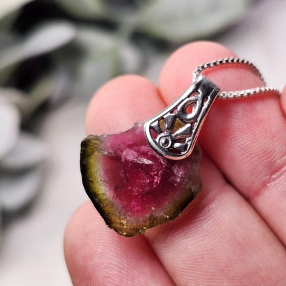 Watermelon Tourmaline Slice Pendant, Sterling Silver Tourmaline Necklace