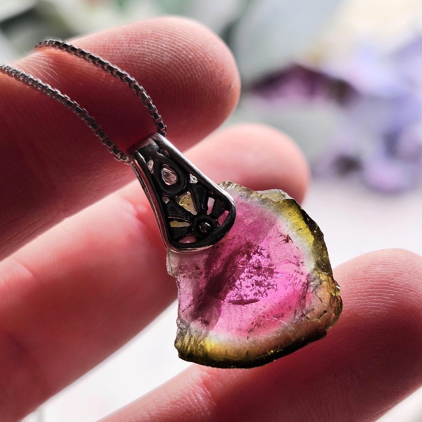 Watermelon Tourmaline Slice Pendant, Sterling Silver Tourmaline Necklace