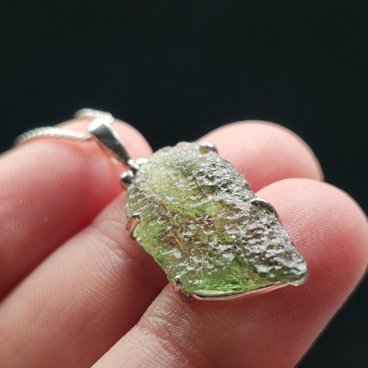 Genuine Moldavite Pendant, Sterling Silver