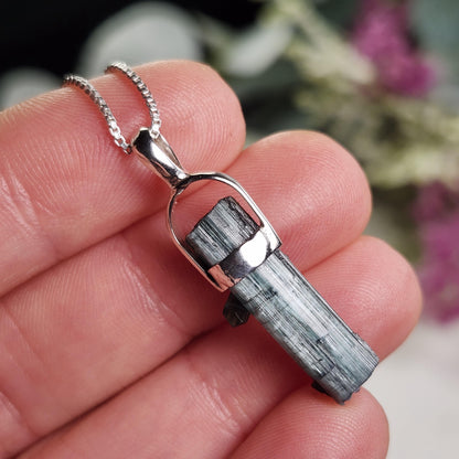 Blue Tourmaline Pendant, Sterling Silver Tourmaline Necklace