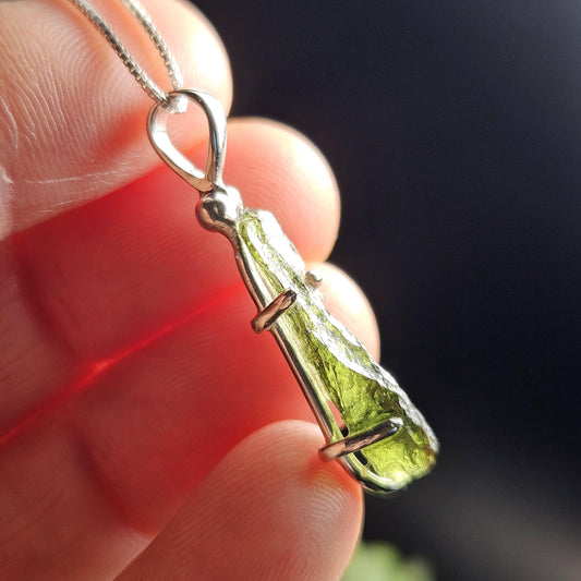 Genuine Moldavite Cystal Pendant, Moldavite Sterling Silver Necklace