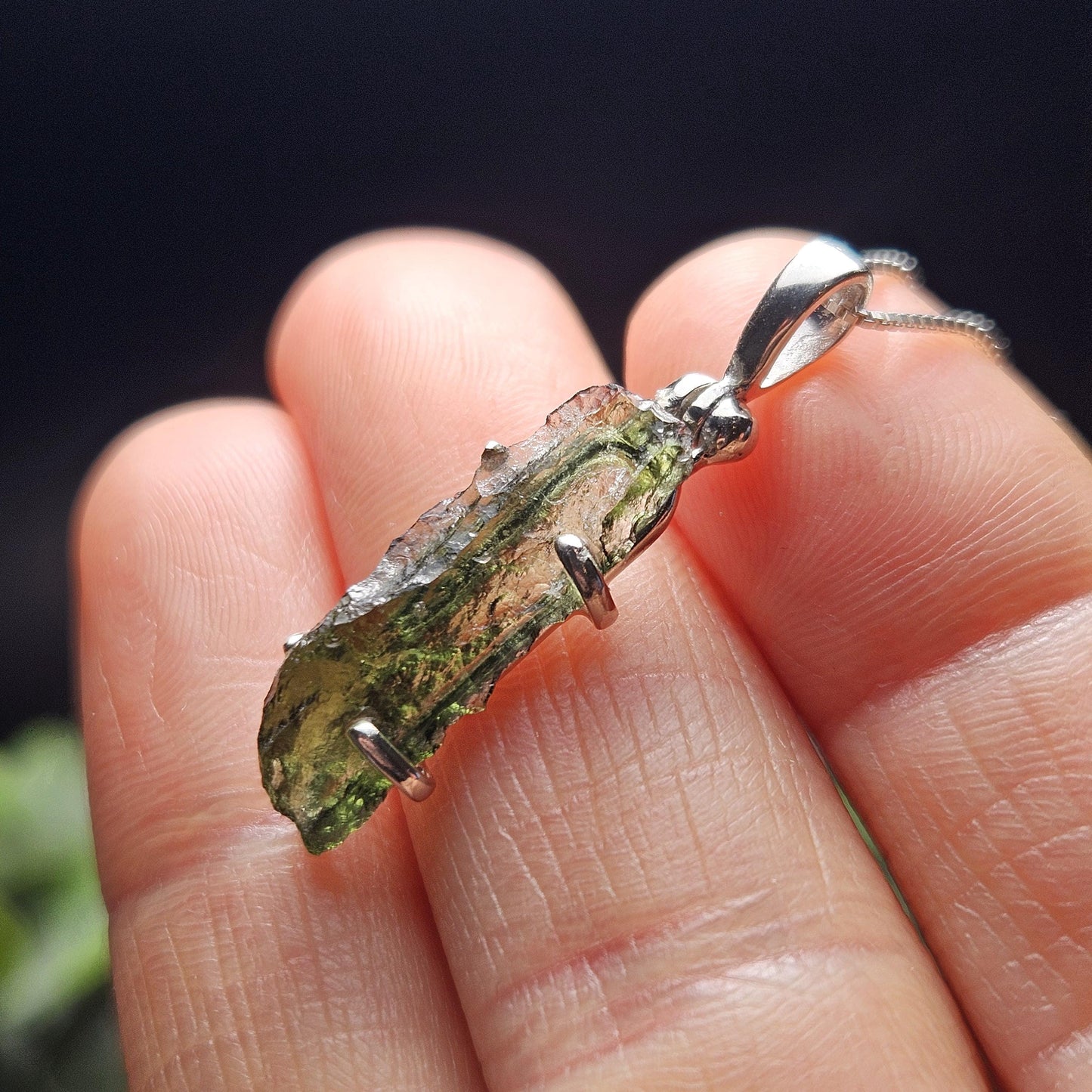 Genuine Moldavite Cystal Pendant, Moldavite Sterling Silver Necklace