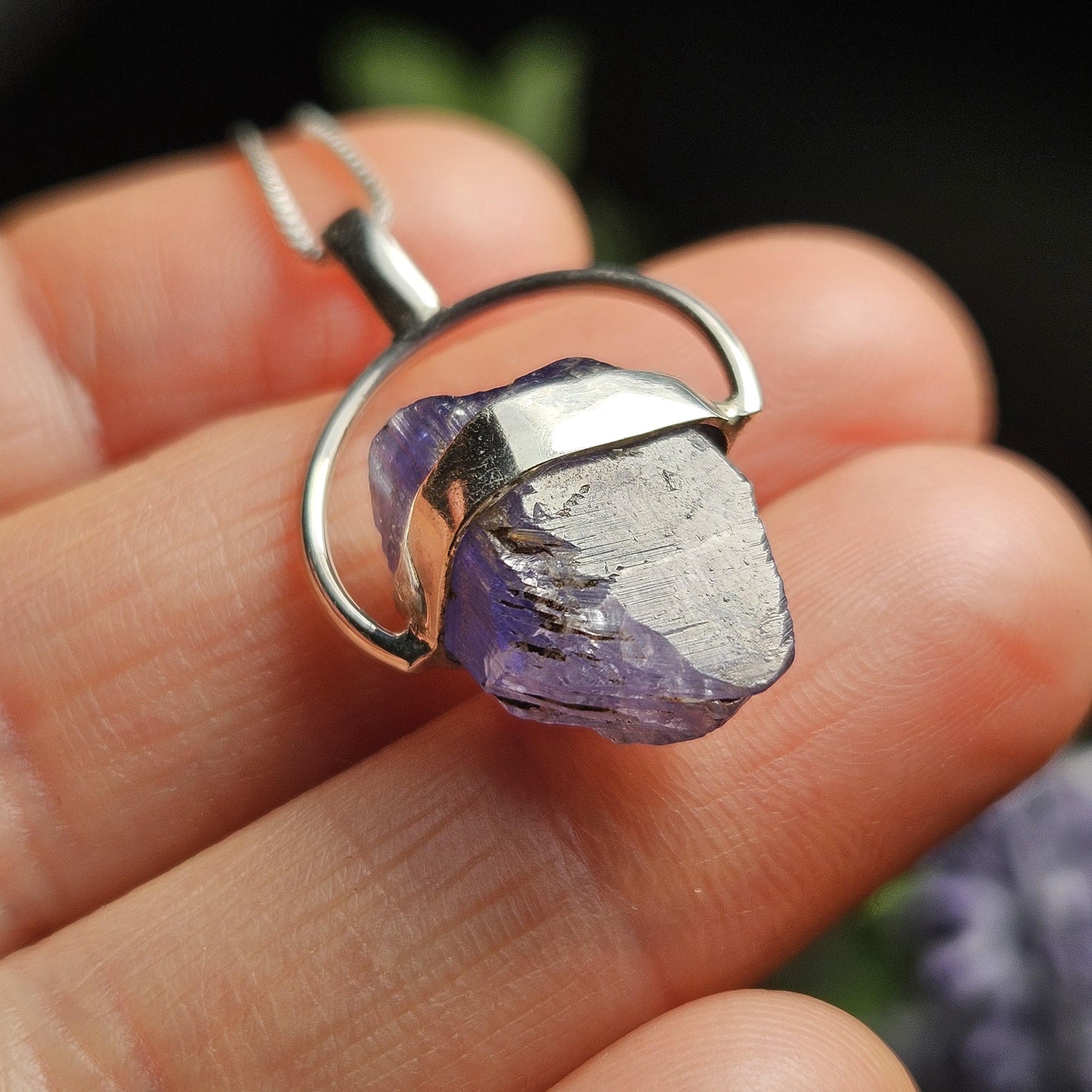 Bicolor Tanzanite Crystal Pendant, Bicolor Tanzanite Sterling Silver Necklace