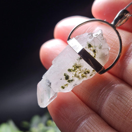 Ajoite Phantom in Quartz Crystal Pendant, Ajoite Sterling Silver Necklace