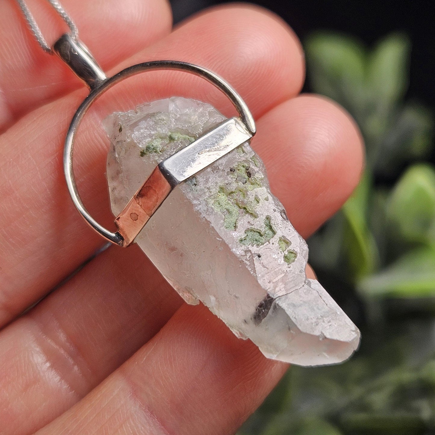 Ajoite Phantom in Quartz Crystal Pendant, Ajoite Sterling Silver Necklace