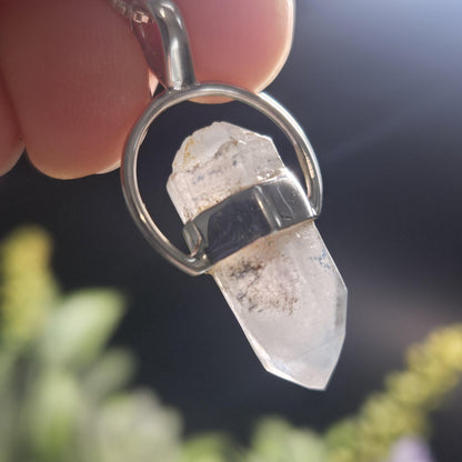 Papagoite Phantom in Quartz Crystal Pendant, Double Terminated Papagoite Sterling Silver Necklace