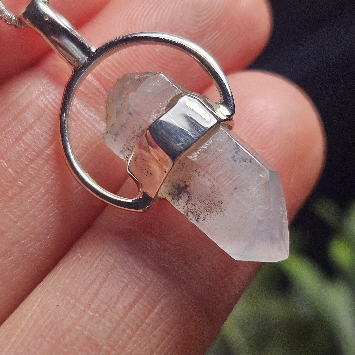 Papagoite Phantom in Quartz Crystal Pendant, Double Terminated Papagoite Sterling Silver Necklace