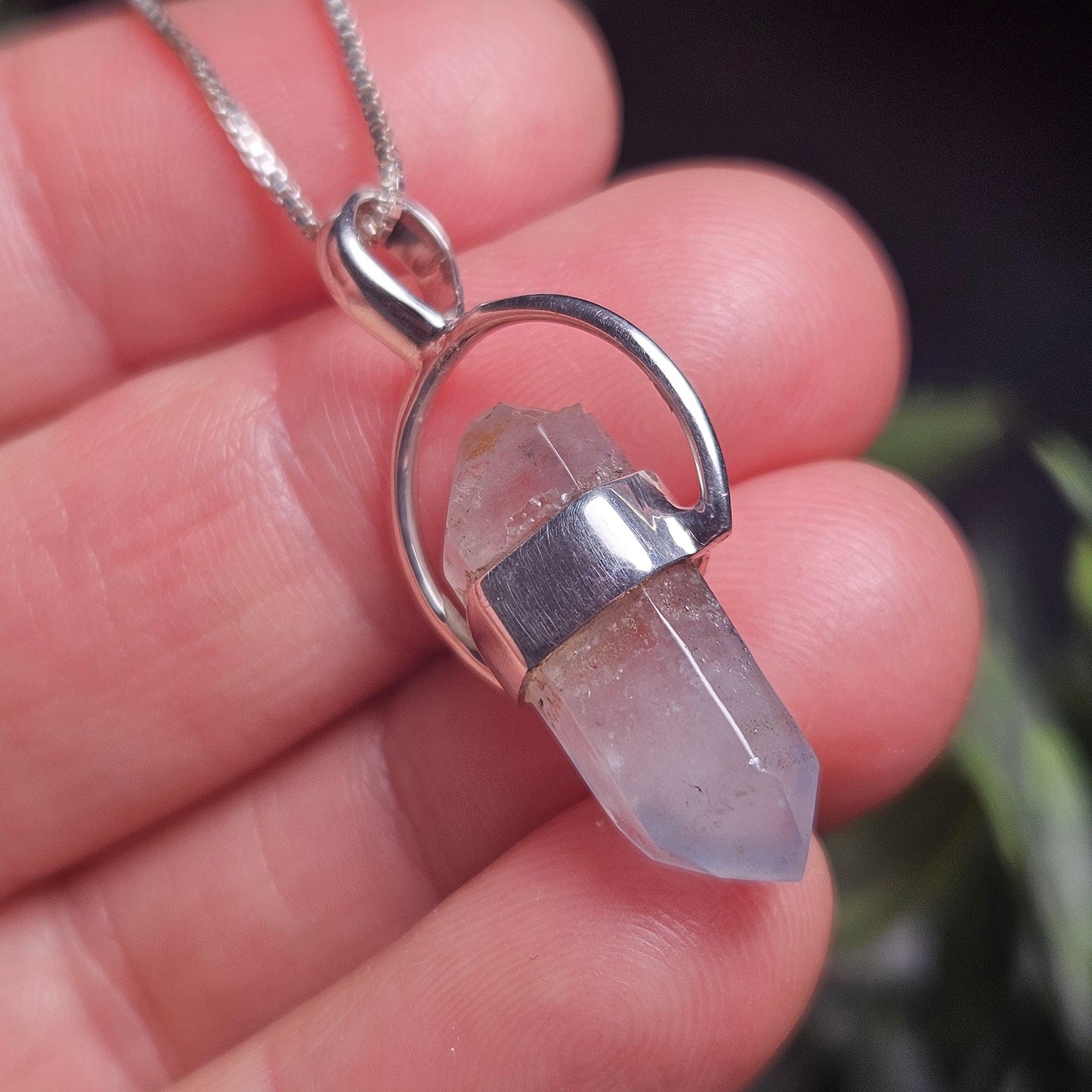 Papagoite Phantom in Quartz Crystal Pendant, Double Terminated Papagoite Sterling Silver Necklace