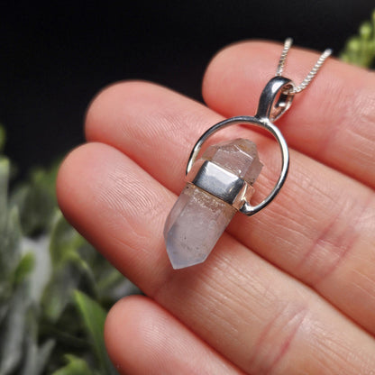 Papagoite Phantom in Quartz Crystal Pendant, Double Terminated Papagoite Sterling Silver Necklace