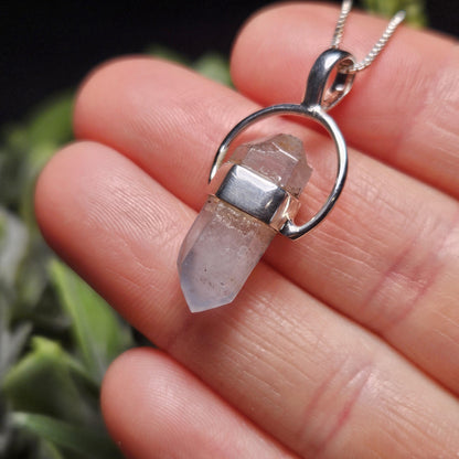 Papagoite Phantom in Quartz Crystal Pendant, Double Terminated Papagoite Sterling Silver Necklace