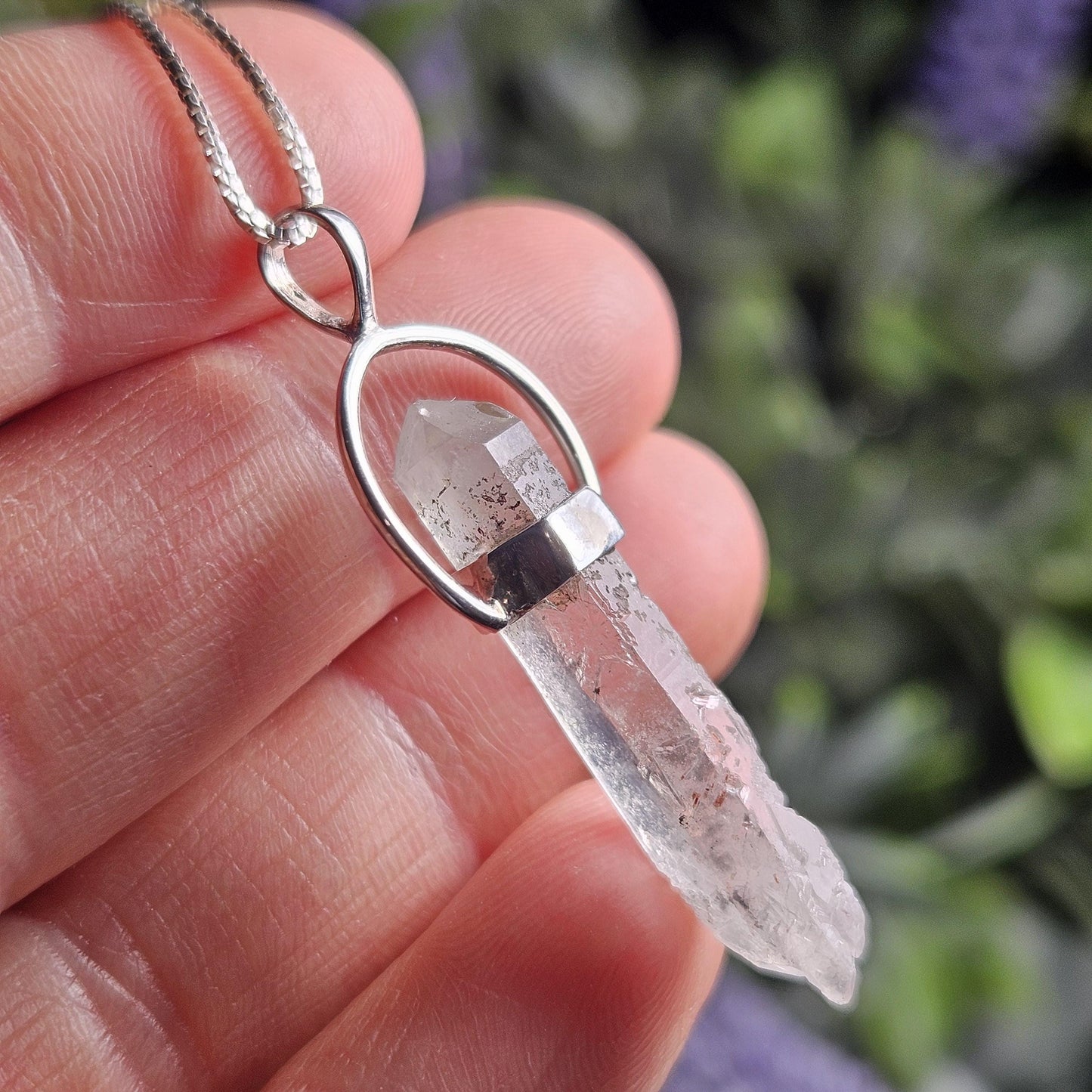 Ajoite Phantom in Quartz Crystal Pendant, Ajoite Sterling Silver Necklace
