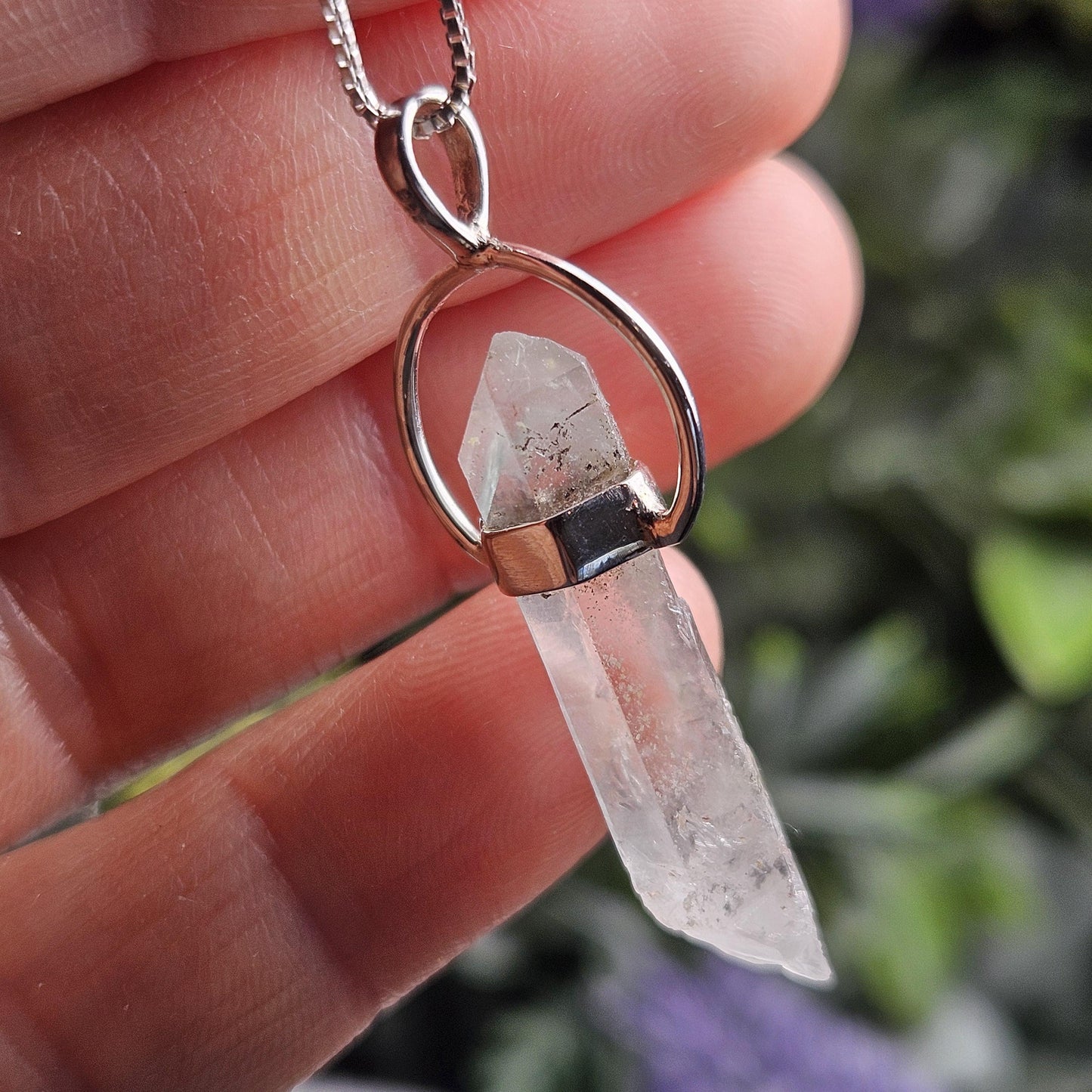 Ajoite Phantom in Quartz Crystal Pendant, Ajoite Sterling Silver Necklace
