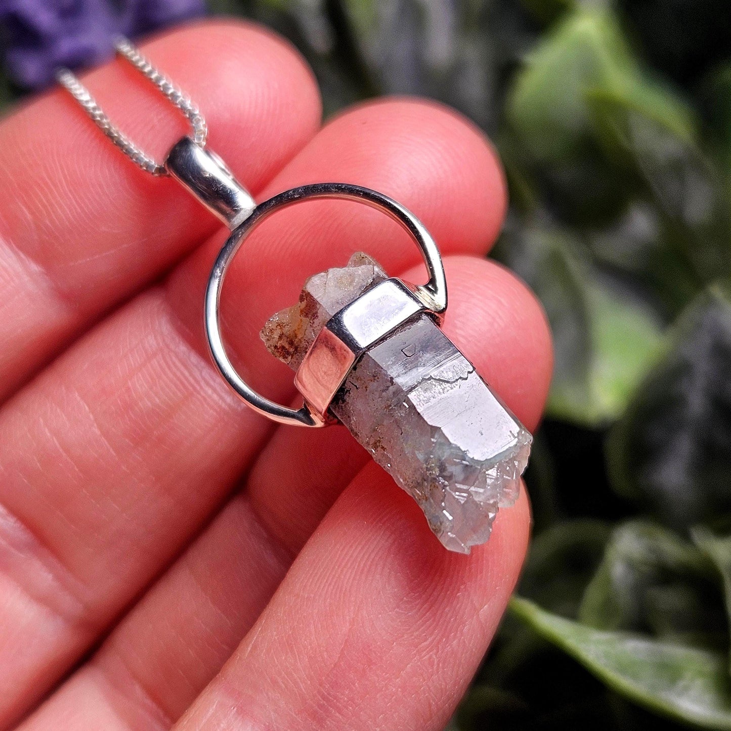 Ajoite in Quartz Crystal Pendant, Authentic Ajoite Sterling Silver Necklace