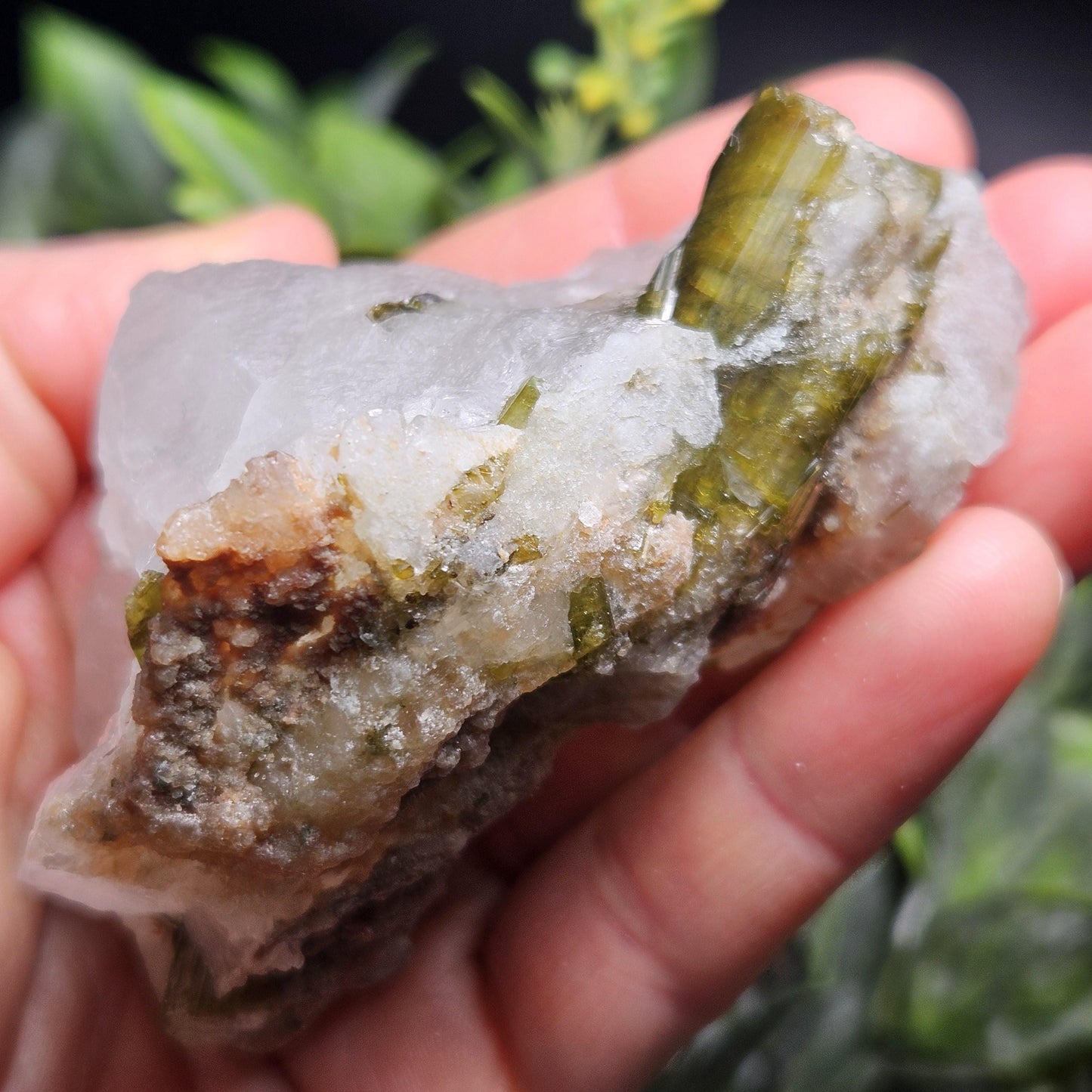 Green Tourmaline in Quartz Crystal 159g, Brazilian Quartz with Tourmaline