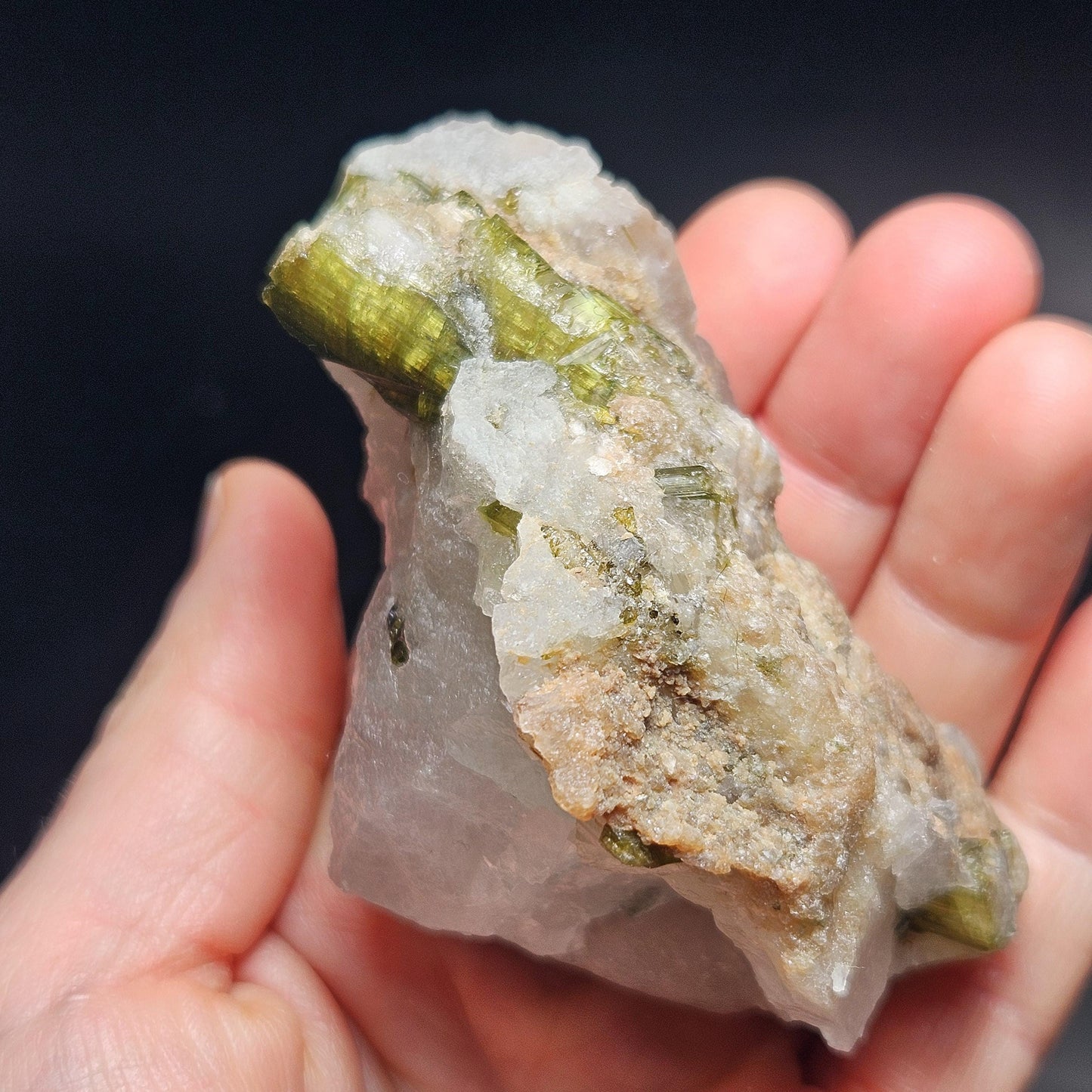 Green Tourmaline in Quartz Crystal 159g, Brazilian Quartz with Tourmaline
