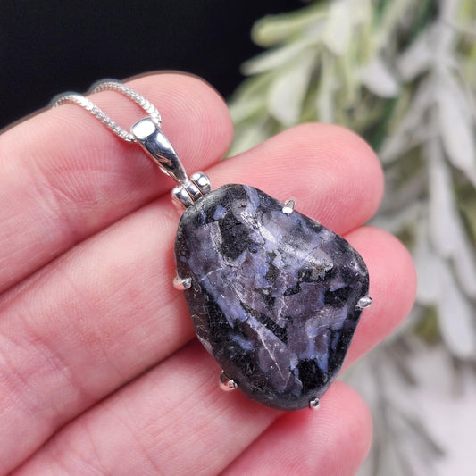 Mystic Merlinite Pendant, Sterling Silver Indigo Gabbro Merlinite Necklace from Madagascar