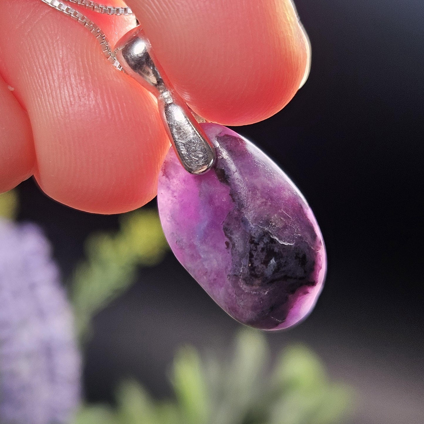 Gel Sugilite Pendant with Blue Richterite Inclusions, Polished Sugilite Necklace