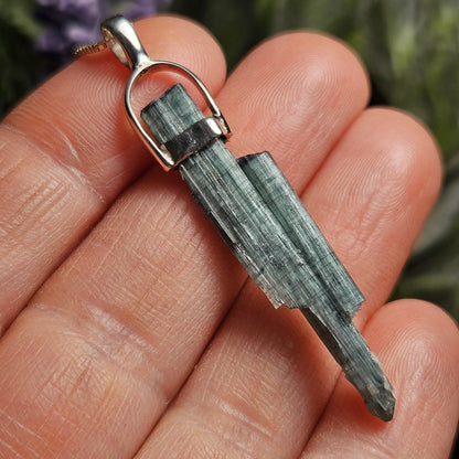Blue Tourmaline Crystal Pendant, Blue Tourmaline Sterling Silver Necklace