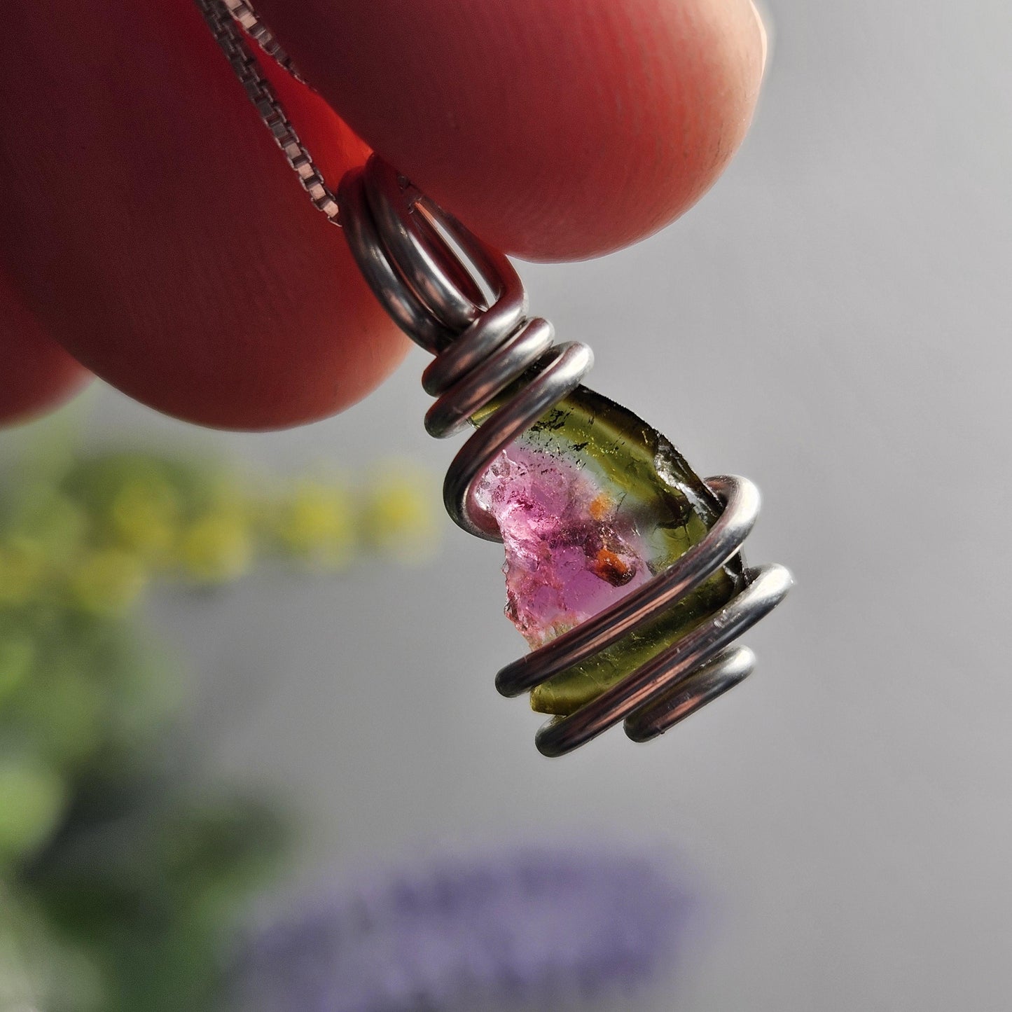 Watermelon Tourmaline Slice Pendant, Sterling Silver Tourmaline Necklace
