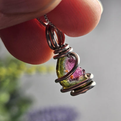 Watermelon Tourmaline Slice Pendant, Sterling Silver Tourmaline Necklace
