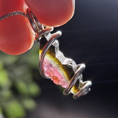 Watermelon Tourmaline Pendant, Sterling Silver Tourmaline Necklace, Pink & Green Raw Crystal