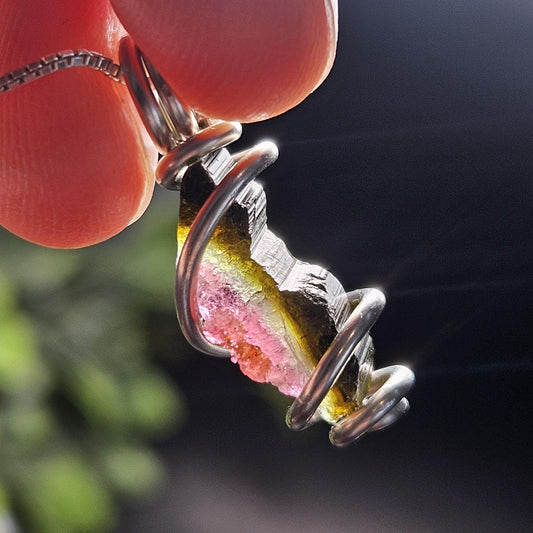 Watermelon Tourmaline Pendant, Sterling Silver Tourmaline Necklace, Pink & Green Raw Crystal