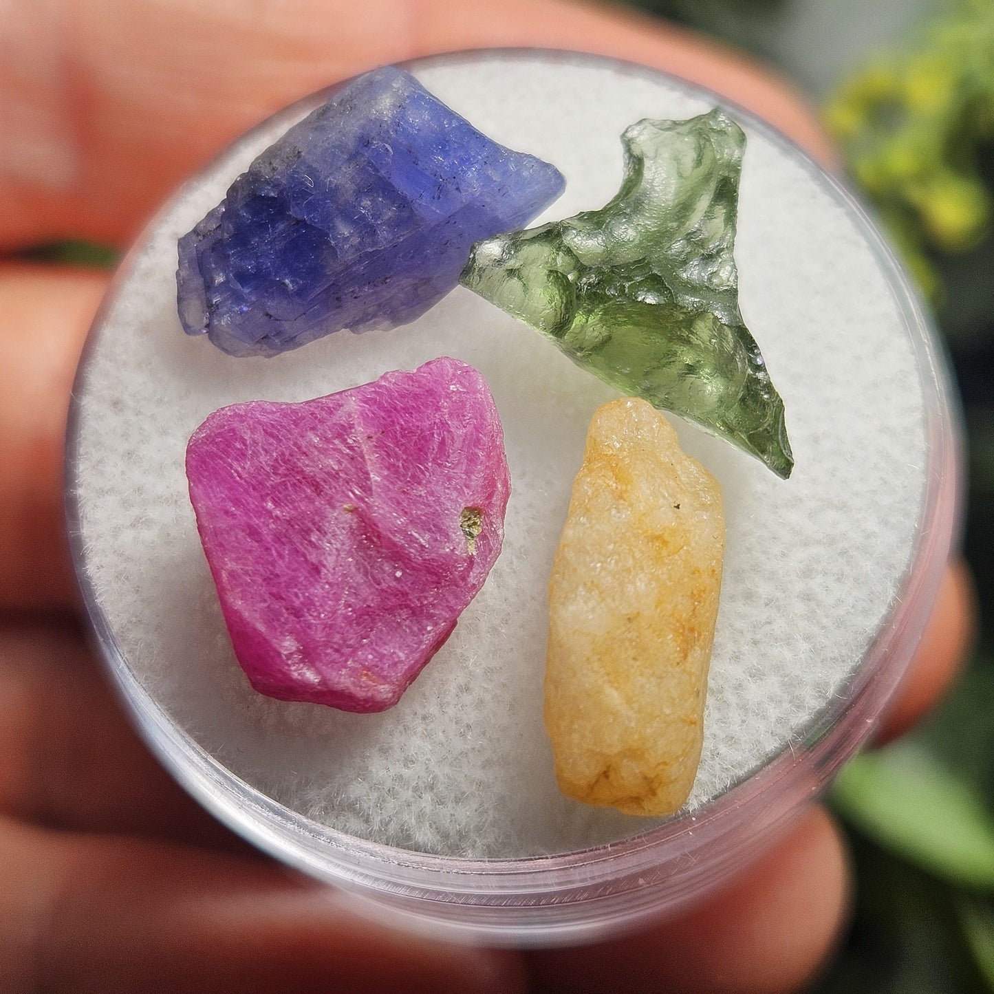 Rare Collector’s Set: Moldavite, Phenacite, Tanzanite, Ruby