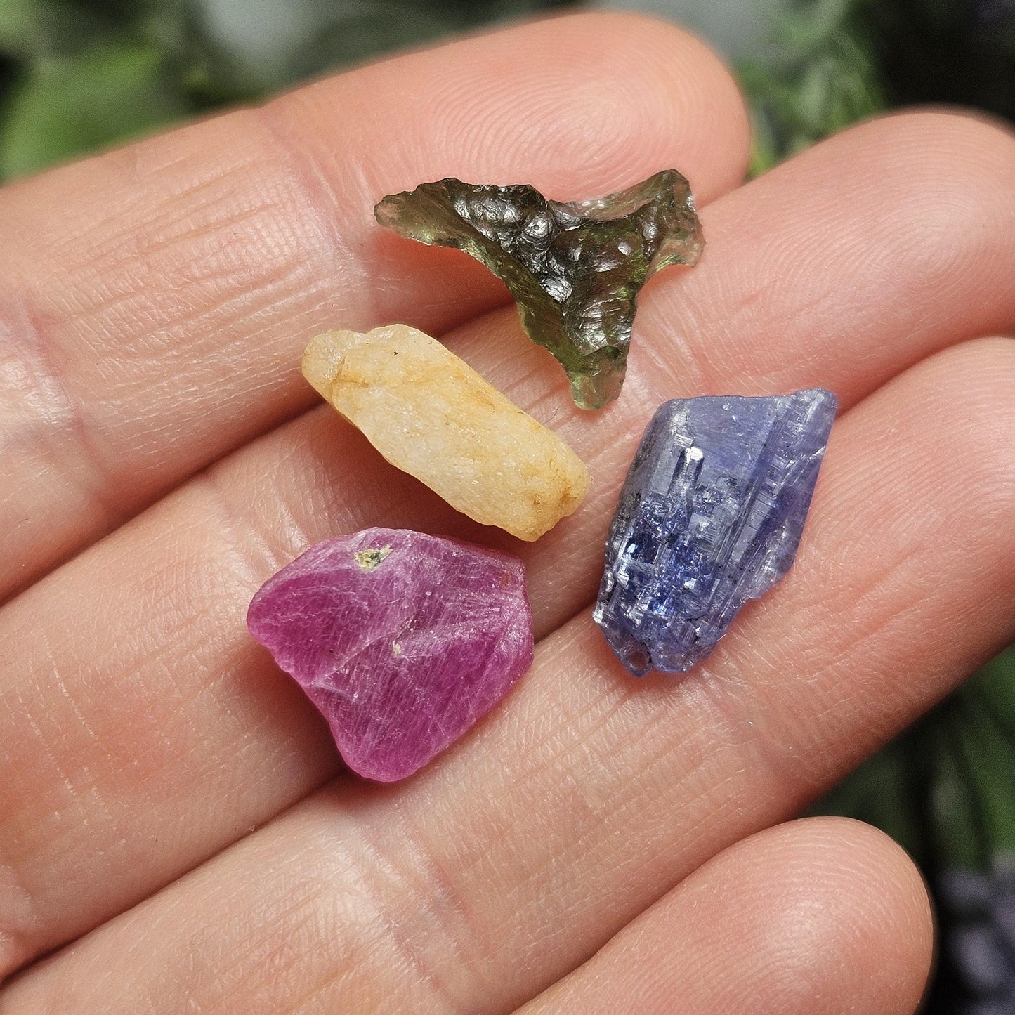 Rare Collector’s Set: Moldavite, Phenacite, Tanzanite, Ruby
