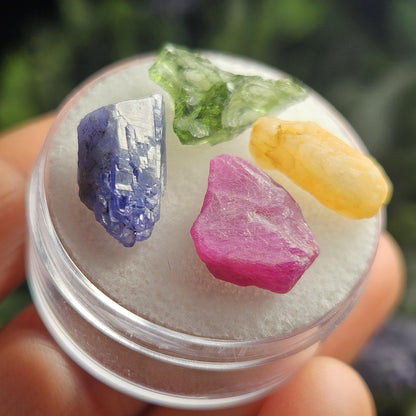 Rare Collector’s Set: Moldavite, Phenacite, Tanzanite, Ruby
