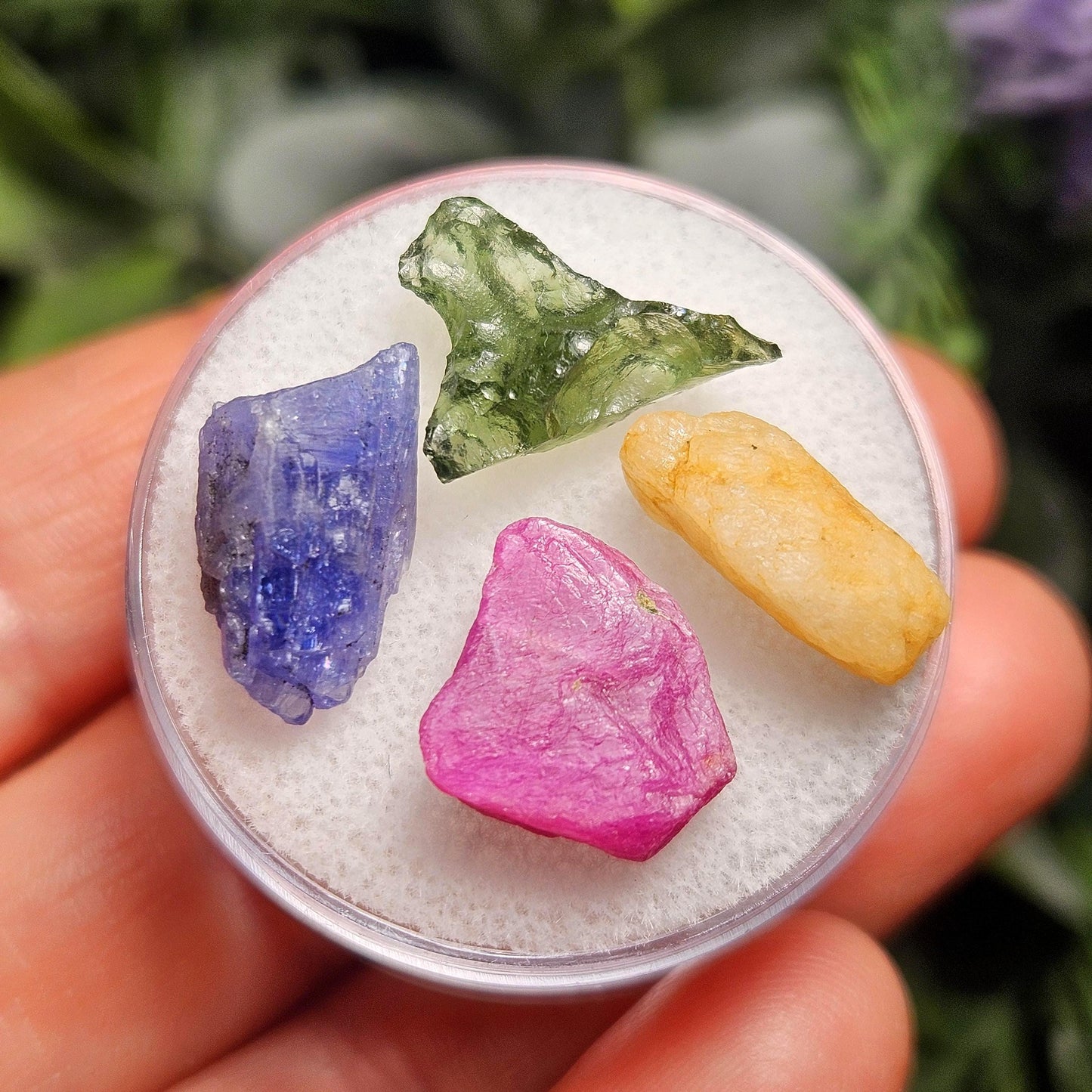 Rare Collector’s Set: Moldavite, Phenacite, Tanzanite, Ruby