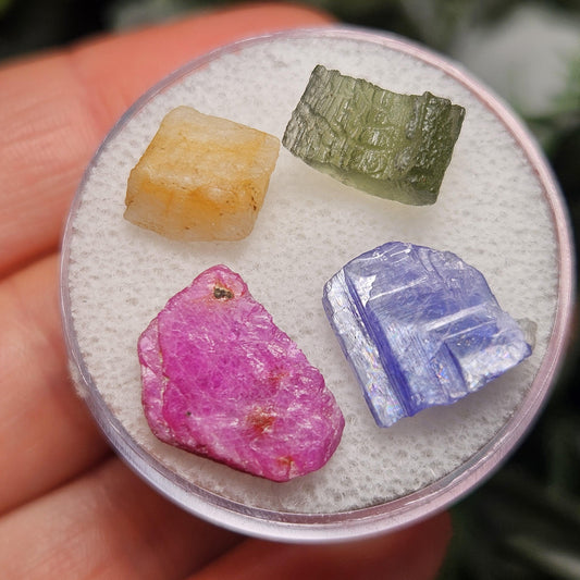 Rare Collector’s Set: Moldavite, Phenacite, Tanzanite, Ruby