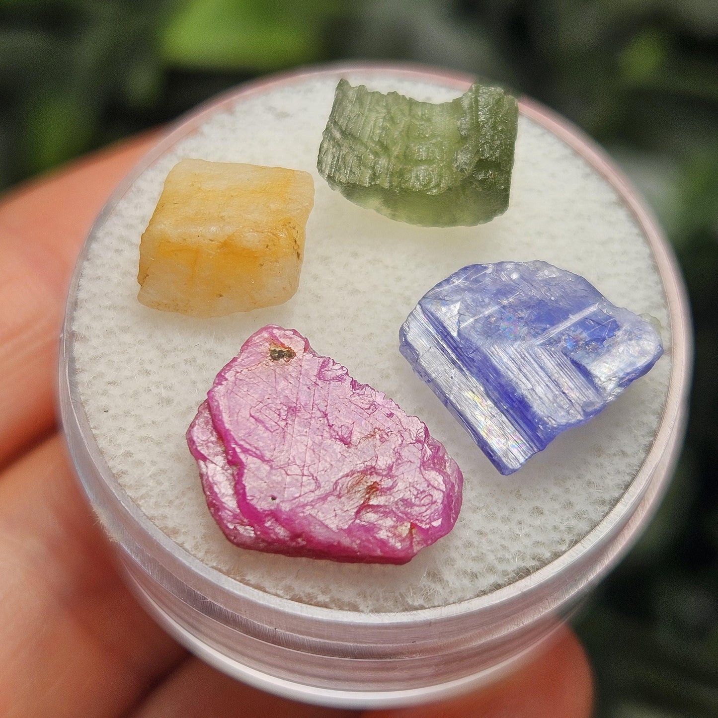 Rare Collector’s Set: Moldavite, Phenacite, Tanzanite, Ruby